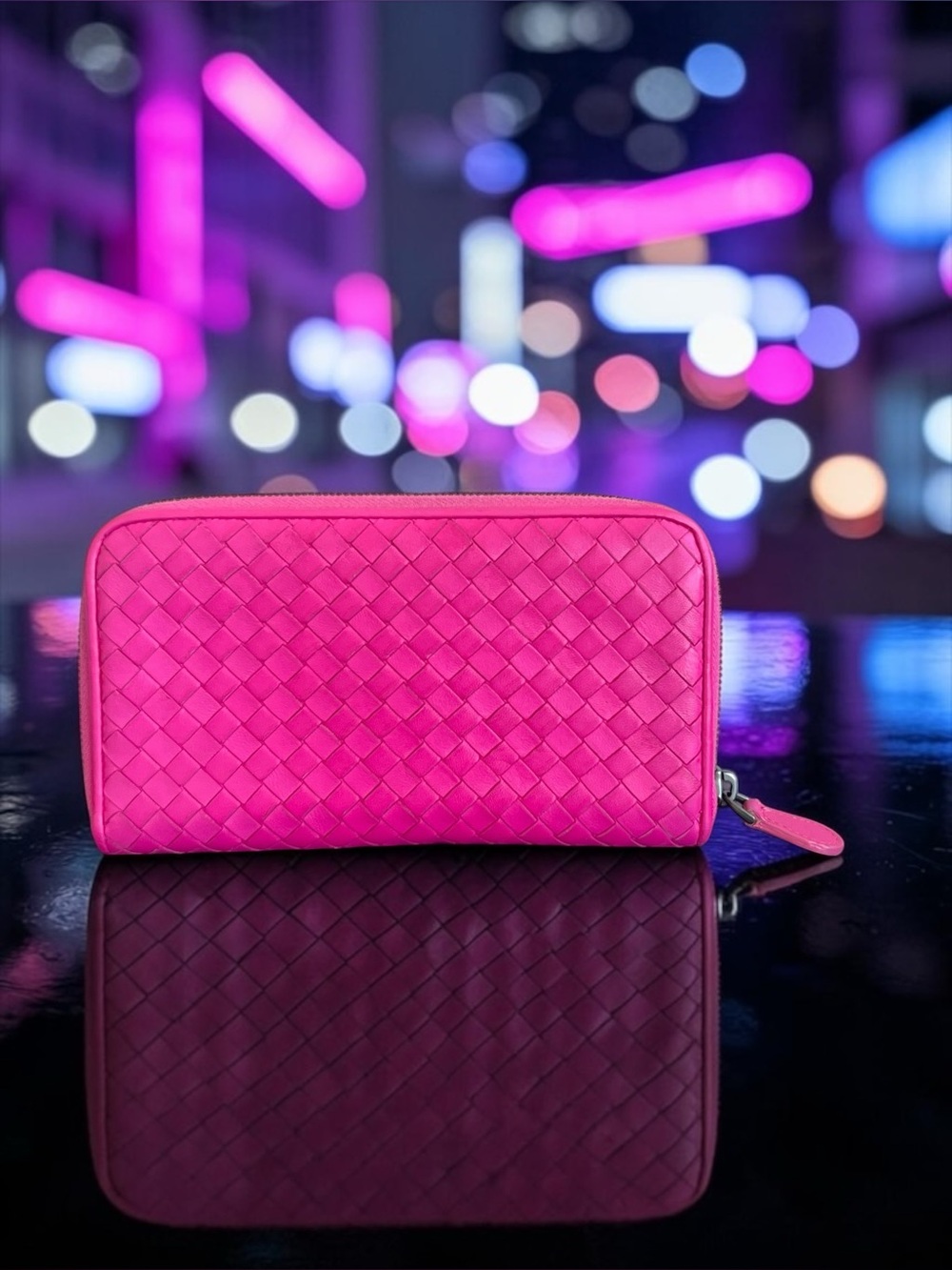 Bottega Veneta Intrecciato Zip Wallet Hot Pink